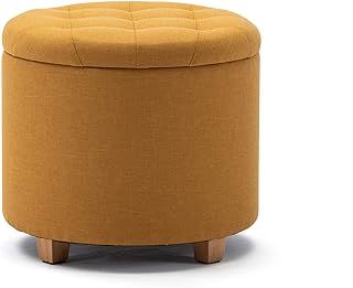 HNNHOME 45cm Round Linen Padded Seat Ottoman Storage Stool Box, Footstool Pouffes Chair with Lids (Yellow)