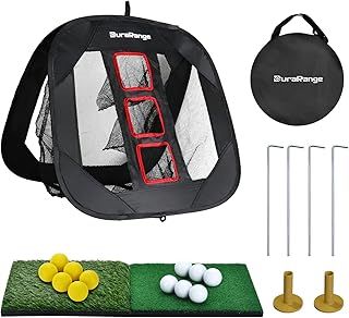DURARANGE Pop-up Golf Chipping Net with Dual Turf Hitting Mat, 6 Driving Range Golf Balls, 6 Practice Foam Balls and Tees Combo, Target Swing Training Aids Backyard | Indoor | Outdoor
