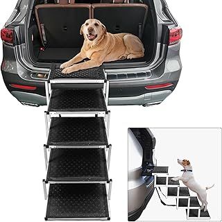 KELIXU Dog Car Ramp Dog Steps for Large Dogs, Pet Stairs with Support Bar for Cars and SUV, Lightweight Aluminum 5 Steps Pet Ramp with Non-Slip Surface, Support 80KG