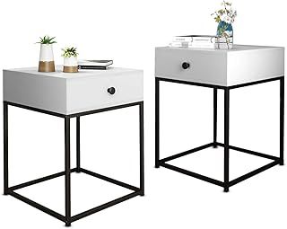 Bedside Tables Set of 2, Modern Bedside Cabinets with Drawer and Metal Frame for Bedroom Living Room 2 White