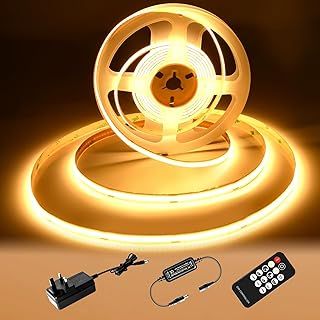 COB LED Strip 5M,3000K Warm White LED Strips, 24V Dimmable LED Strip Lights, CRI92+,8mm Width, with Remote Control and UKCA Power Supply,for Home Decoration, Kitchen, Mirror