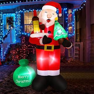 8FT Santa Claus Holding Red Wine Inflatable Decoration with Built-in LED Lights for Christmas Party Decorations, Christmas Inflatable Outdoor Party Decorations for Open Air Gardens-Black&Red