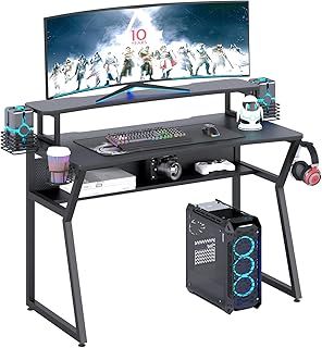 TREETALK Gaming Desk, Computer Desk with Monitor Stand and Open Shelf, PC Laptop Gamer Table Workstation with Cup Holder, Headphone Hook, 2 Speaker Stand for Home Office (Black Carbon Fiber)