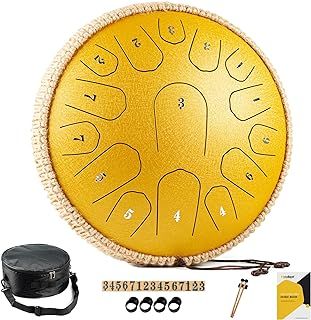 Steel Tongue Drum - 13 Inch 15 Notes Tongue Drum - Hand Pan Drum with Music Book, Handpan Drums Mallets and Carry Bag, D Major (Yellow)