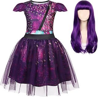 World Book Day Costumes for Girls Mal Descendants Costume Halloween Fancy Cosplay Outfit Kids Short Sleeve Tulle Dresses Birthday Party Dress Up with Wig Purple 5-6 Years