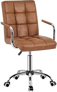 Yaheetech PU Leather Office Chair Mid Back Swivel Task Chair Comfortable Computer Chair Height Adjustable with Armrests, Retro Brown