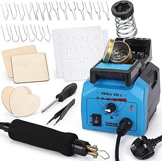 YIHUA 939-II Wood Burning Pyrography Station Kit w Adjustable Temp. Soft Grip Wood Burning Pen w 20 Wire Nibs 2 Stencils Safe Holder for DIY Engraving Craft Wood Pumpkin Caving UK Plug (4 Wood Pieces)