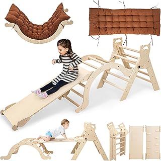 Indoor Climbing Frame for Toddler, Pikler Triangle Set with Slide, Arch and Cushion, Wooden Baby Climbing Frames (Natural and Unpainted)