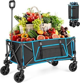 Folding Festival Trolley on Wheels - Foldable Camping Cart 150L Pull Along Garden Wagon Heavy Duty Trolley for Beach Shopping Fishing Picnic Outdoor