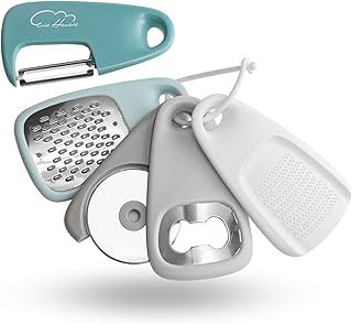 Kitchen Gadgets 5 Pieces Space Saving Kitchen Accessories Cheese Grater, Bottle Opener, Fruit/Vegetable Peeler, Pizza Cutter, Garlic/Ginger Grinder, Stainless Steel Camping Accessories (Blue)​