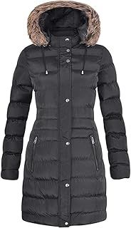 Spindle Womens Long Fur Trimmed Hooded Padded Puffer Parka Ladies Winter Jacket Coat