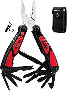 BIBURY Multitool, 14 in 1 Multitools Pliers with Can Opener, Scissors, Light, Pocket Size EDC Multi Tool with Nylon Pouch for Fishing, Outdoor Activities, Home Improvement, Camping - Red