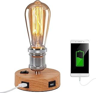 USB Bedside Table Lamp, Industrial Table Lamp with 2 USB Ports, Small Table lamp Vintage Desk Lamp for Bedroom, Office, Living Room (Without Bulb) (Wood Color)