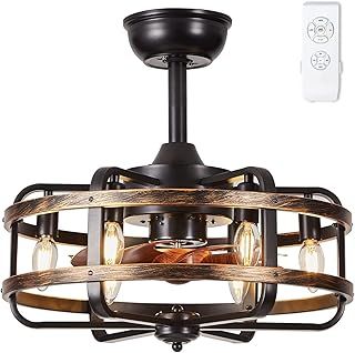 Ceiling Fans with Lights and Remote, Industrial Caged Ceiling Fan 3 Speed Vintage Reversible Ceiling Fans with Lamps for Bedroom Dining Room Kitchen E14*6