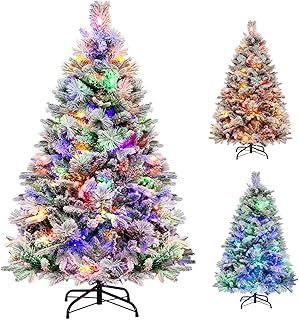 COSTWAY 4.5ft Pre-Lit Snow Flocked Christmas Tree, Hinged Artificial Xmas Tree with 160 Multi-Color LED Lights, 8 Lighting Modes, 472 Branch Tips, Pine Needles and Cones, Holiday Office Home Décor