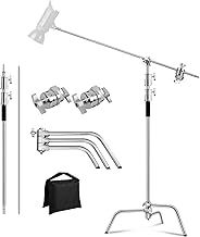 MSKIRA Stainless Steel C Stand with Boom Arm Max Height 10.8ft/330cm, Heavy Duty Photography Light Stand with 4.2ft/128cm Holding Arm 2 Grip Head Sand Bag for Photo Studio Video Softboxes