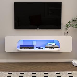 Pmnianhua Floating TV Stand with LED Lights, Wall Mounted TV Shelves with 1 Open Shelf, Modern Entertainment Media Console Center Large Storage Shelf Under TV for Living Room (146cm, White)