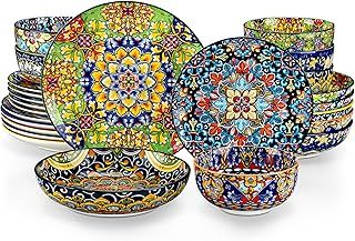 vancasso SIMI Dinner Set- 24 Pieces for 6 People, Porcelain Plates and Bowls Set, Bohemian Style Dinnerware Sets, Scratch Resistant Dinner Service Set, Dishwasher and Microwave Safe