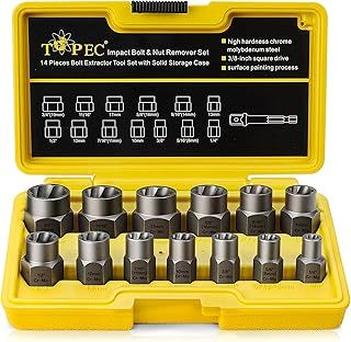 13+1 Piece Impact Bolt & Nut Remover Set - 3/8" Drive with Nut Extractor Socket, Hex Adapter, and Bolt Remover Tool for Damaged, Rusted, or Rounded-Off Bolts, Nuts, and Screws