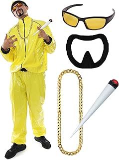 90s Rapper Costume - Adults Yellow & Black Shell Suit + Matching Hat + Sunglasses + Gold Chain + Jumbo Spliff + Black Goatee - Funny Rapper Halloween Stag Do Fancy Dress Costume