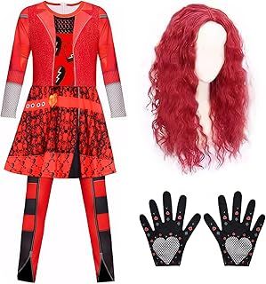 Rise of Red Costume for Girls, Kids Halloween Zipper Long Sleeve Dress With Red Wig and Gloves, Fancy Birthday Party Princess Dress Up Cosplay Outfit