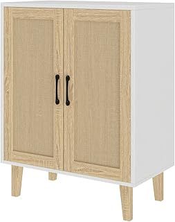 Panana Buffet Storage Cabinet with Rattan Decorating Living Room Wood Kitchen Sideboard Accent Cabinet (69(W) x 38(D) x 88(H) cm, White)