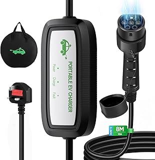 EV Charger Cable Type 2 to 3 Pin Plug 8M, 3 Pin EV Charger 10A, Max. 2.3kW Electric Car Charger 3 Pin, Type 2 Charging Cable 3 Pin with LED Indicators, for EVs & PHEVs with IEC 62196-2