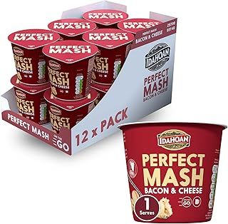 Idahoan Mashed Potato Pots, Bacon and Cheese, Dried Potato Mash, Cooks in 1 minute, Quick Lunch, Bulk Pack of 12