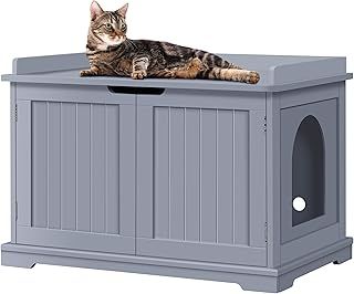 Yaheetech Wooden Cat Litter Box Enclosure, Hidden Pet Litter Tray Box Kitten House Indoor Cats Bathroom Side Table End Table for Large Kitty with Double Doors, Moveable Partition Grey