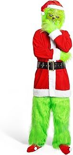 7-Piece Grinch Costume Adult Men Deluxe Santa Suit Set Christmas Cosplay Costume Outfit with Grinch Mask Gloves Hat Trousers Socks