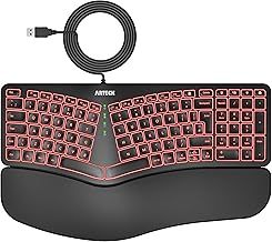 Ergonomic USB Wired Keyboard with Cushioned Wrist & Palm Rest, Backlit 7 Colors & Adjustable Brightness Comfortable Natural Split Keyboard with 6 Feet Wire for Windows Computer Desktop Laptop