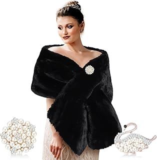 Jadive Women's Faux Fur Shawl Wrap Fake Fur Stoles Scarf Shrug Bridal Winter Wedding Evening Dress with 2 Rhinestone Brooches
