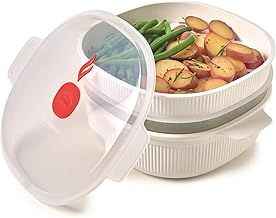Snips - Microwave Steamer with 2 Baskets - 4 LT - Meat, Fish and Vegetable Steamer, 26.5 x 22 x 13.5 cm - Microwave steamer for vegetables, White and red - 100% Made in Italy - 0% BPA