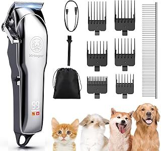 Kriogor Dog Clippers Professional for Thick Hair LED Power Display, Low Noise Cordless Dog Grooming Clipper Rechargable Pet Shaver Trimmer with Sharp Blade/6 Guide Combs for Dogs Cats