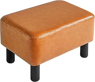 IBUYKE 16.54" Small Footstool PU Leather Ottoman Footrest Modern Home Living Room Bedroom Rectangular Stool, with Padded Seat Pine Wood Legs, Orange RF-BD217