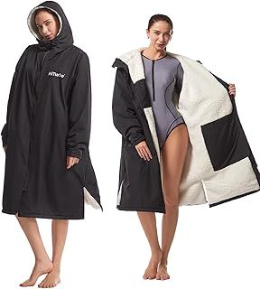 Hiturbo Waterproof Adult Changing Robe: Windproof Warm Swimming Robe Oversized Coat Surf Poncho with Fleece Lining