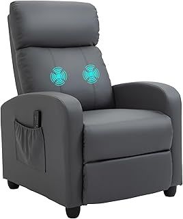 HOMCOM Recliner Armchair, Massage Faux Leather Push Back Reclining Chair with Adjustable Leg Rest, Side Pocket, for Home Living Room Theatre, Grey