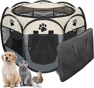Portable Puppy Playpen, Dog Cat Pet Pen for Indoors Outdoor Foldable Pet Carrier Exercise Kennel Cage Tent for Rabbit Hamster Guinea Pig 73 x 73 x 43cm, Grey