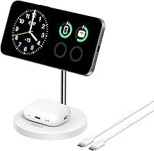 Anker MagGo 2-in-1 Wireless Charging Station, MagSafe Charger Compatible, Qi2 Certified 15W Wireless Stand, Apple Watch Charger for iPhone 16/15/14 Series, AirPods (No AC Adapter) (White)
