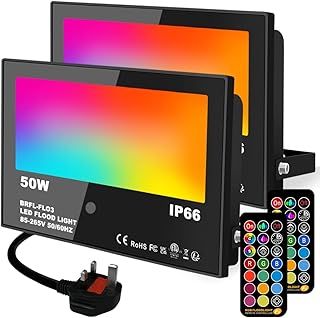 LED Floodlight Outdoor 50W, RGB Colour Changing Flood Lights, Timed, Dimmable Wall Washer Garden Party Stage Light, IP66, UK3-Plug (2 Pack)