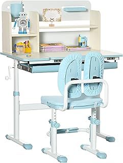 HOMCOM Kids Desk and Chair Set, Height Adjustable Kids Study Table and Chair Set with Storage Shelves, Washable Cover, Anti-Slip Mat, for Ages 3-12 Years - Blue