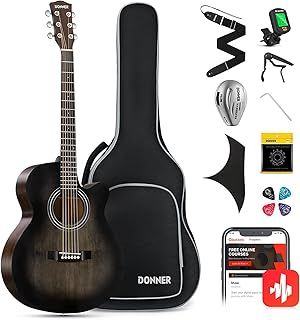 Donner Acoustic Guitar 4/4 Beginner Guitar Starter Bundle Kit 40 Inch Cutaway with Pickup Bag Tuner Capo Strap Mini Jumbo for Adult Travel Teen Right Hand Black