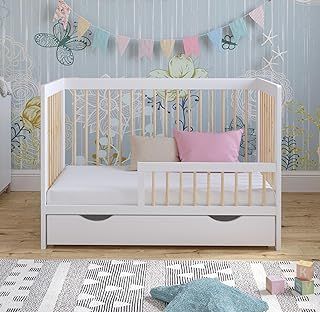 LUCA Baby Cot Bed 120x60cm with Large DRAWER & Premium ALOE VERA Foam Mattress | Included Wooden GUARD BARRIER & Five Adjustable Mattress Heights (Cot + Drawer + Mattress, White/Pine, 120x60cm)