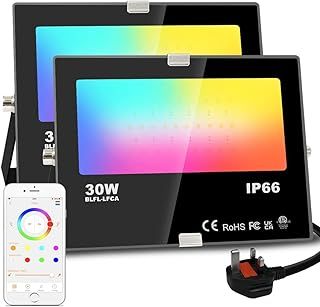 LED Floodlight 30W 3000LM, Smart RGB Flood Lights Outdoor with APP Control, Colour Changing + Warm White, Timing - Scene - Garden Lighting, IP66, UK Plug（2 Packs