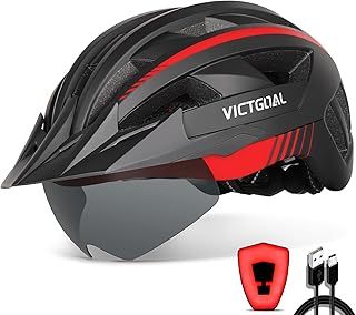 Victgoal Bike Helmet with USB Rechargeable LED Light Removable Magnetic Goggles Visor Breathable Mountain Bicycle Helmet for Unisex Men Women Adjustable Cycle Helmets