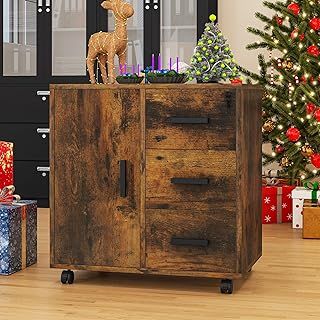 YITAHOME Mobile File Cabinet, 3-Drawer Lockable Filing Cabinets for Home & Office, Printer Stand, Storage Cabinet with Drawers 1 Door 4 Wheels, Office Storage Rolling Office Cabinet (Rustic Brown)