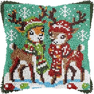 Christmas Reindeer Latch Hook Kits for Adults Kids, Beginners Animals Latch Hook Pillow Kit Pre-Printed Hook and Latch Rug Kit Cross-stitch Embroidery Cushion for Home Sofa Decoration 17x17 in.