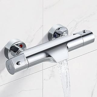 Thermostatic Bath Shower Mixer Bar, Anti Scald 38℃ Thermostatic Bathtub Shower Mixer Valve with Waterfall Bath Filler Spout, Wall Mounted 150mm, Exposed Brass Thermostatic Shower Tap