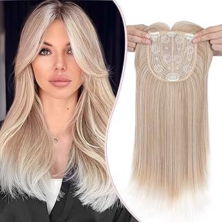S-noilite Hair Topper for Thinning Hair 18 inch Hair Toppers for Women 6"x6" Big Base Topper for Hair Loss Hair Extensions Wigs Clip in Hair Fringe Hair Pieces,Straight Mixed Blonde to White Root