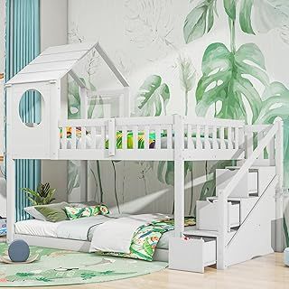 Merax Bunk Bed, Wooden Bunk Beds for Kids with Ladder and Storage Space, Children's Bunk Bed Frame, Wood House Loft Bed, Cabin Bed Frame, House Bed for Kids, Teenagers (White, 190x90cm)